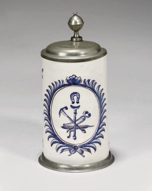 A GERMAN FAYENCE PEWTER-MOUNTED CYLINDRICAL TANKARD (WALZENKRUG)