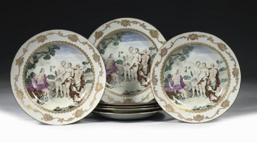 A set of seven famille rose 'Judgement of Paris' plates