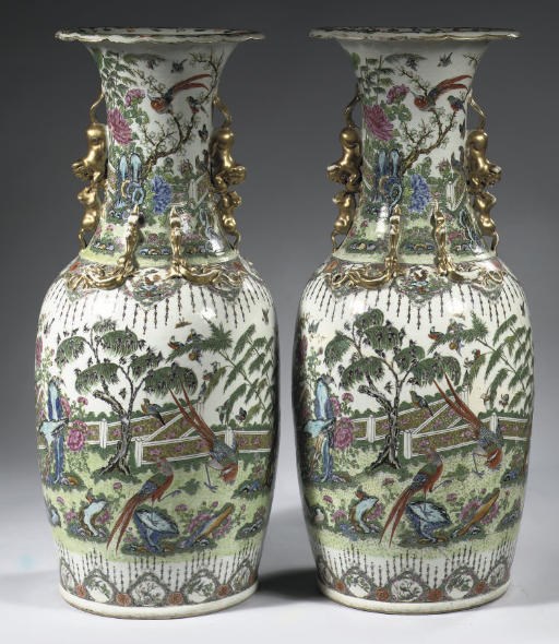 A large pair of Canton famille rose vases