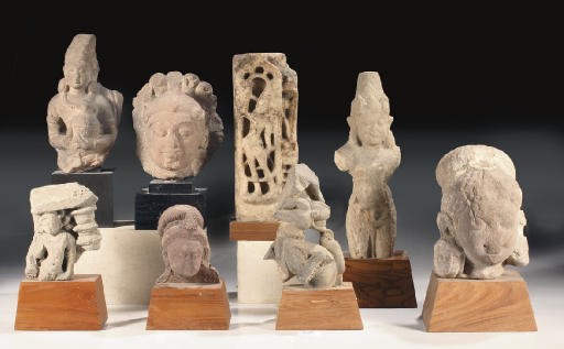 Seven Central Indian sandstone and one marble fragment