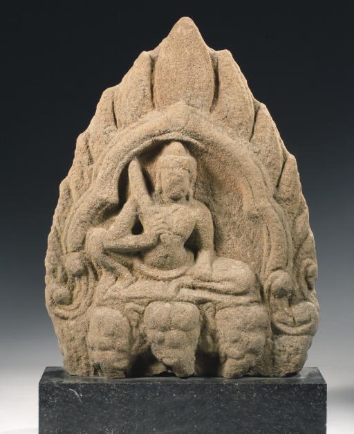 A Khmer, Angkor Vat style, sandstone stele depicting Indra