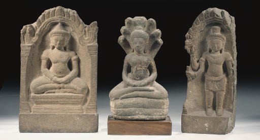 Three Khmer, Bayon style, sandstone figures