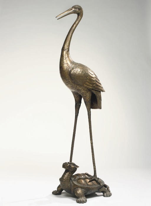 A large Chinese bronze figure of crane