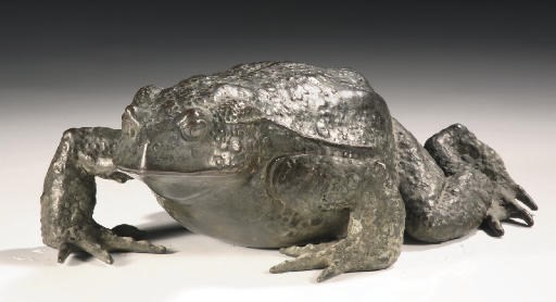 A Japanese bronze model of a toad