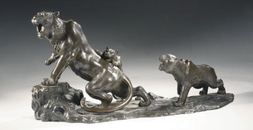 A Japanese bronze group of three tigers