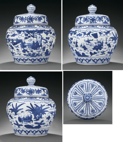 A MAGNIFICENT MING BLUE AND WHITE 'BOYS' JAR AND COVER