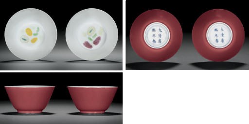 AN EXTREMELY RARE PAIR OF POLYCHROME ENAMELLED RUBY-BACK WINECUPS