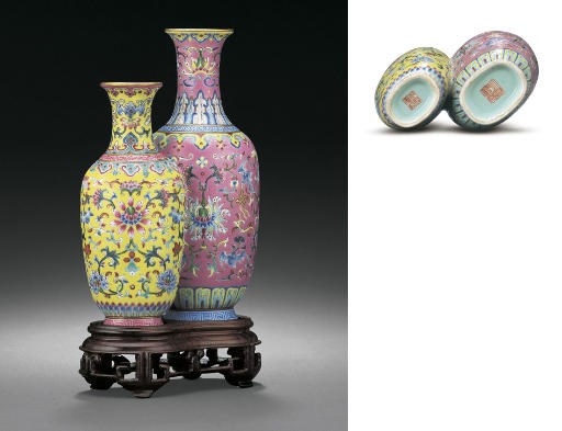 A RARE FAMILLE ROSE YELLOW AND PINK GROUND CONJOINED VASE