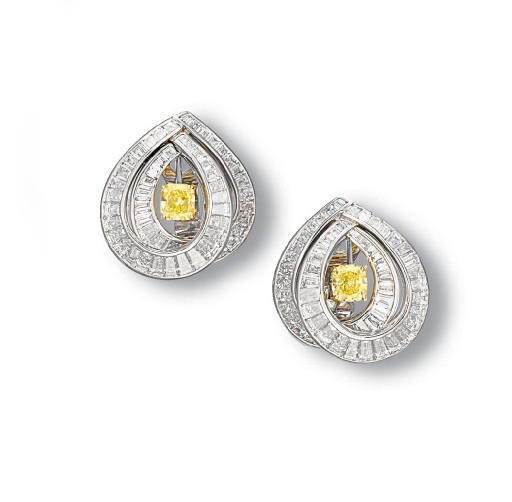 A PAIR OF COLOURED DIAMOND AND DIAMOND EAR CLIPS, BY GRAFF