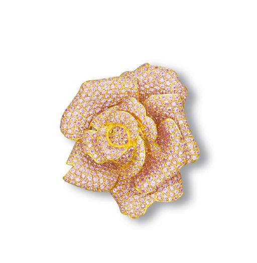 A PINK SAPPHIRE ROSE BROOCH