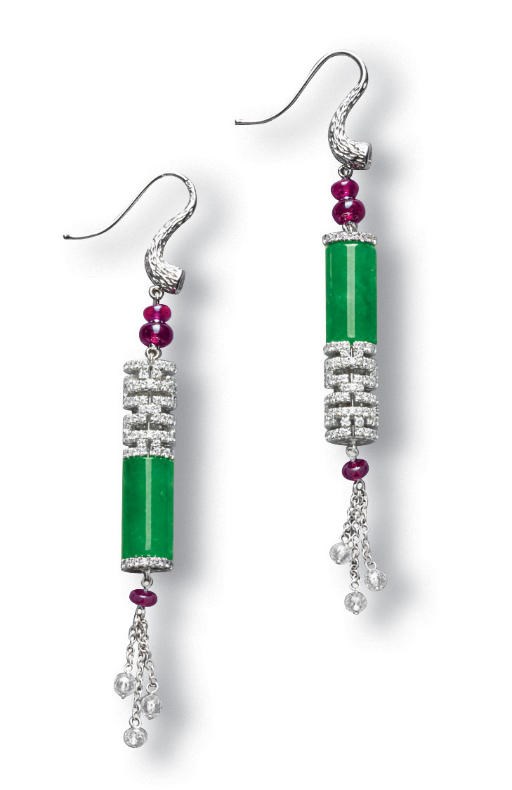 A PAIR OF JADEITE, RUBY AND DIAMOND EAR PENDANTS