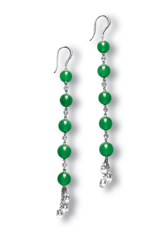 A PAIR OF JADEITE BEAD AND DIAMOND EAR PENDANTS