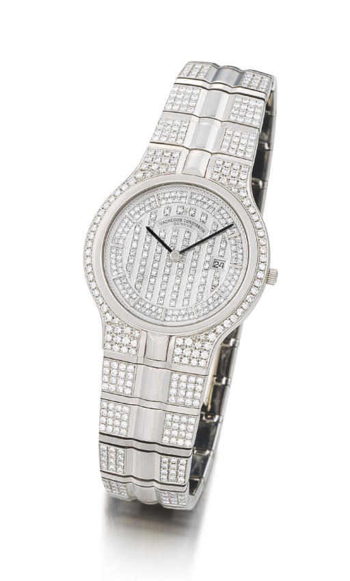 VACHERON CONSTANTIN. AN 18K WHITE GOLD AND DIAMOND-SET AUTOMATIC WRISTWATCH WITH BRACELET AND DATE