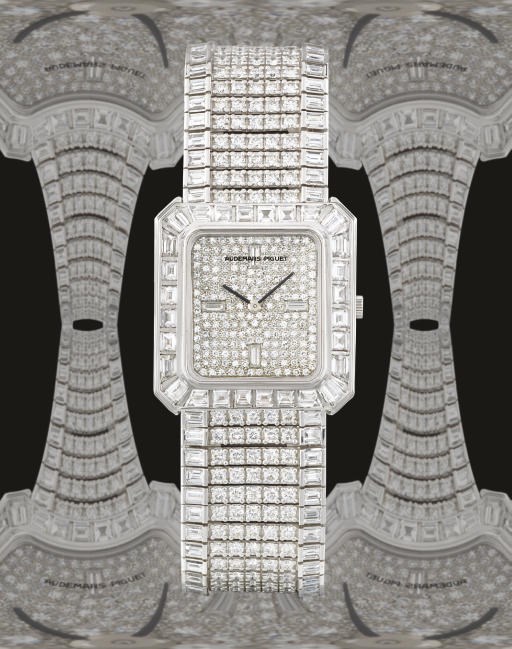 AUDEMARS PIGUET. AN 18K WHITE GOLD AND DIAMOND-SET RECTANGULAR WRISTWATCH WITH BRACELET
