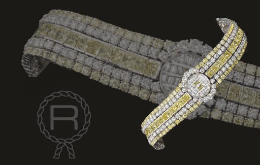 ROBERGE. A SUPERB LADY'S 18K WHITE GOLD, DIAMOND AND YELLOW DIAMOND-SET BRACELET WATCH
