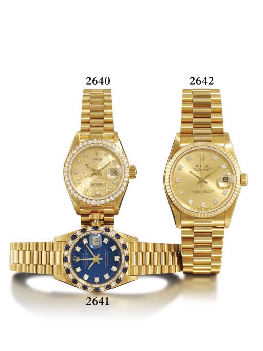 ROLEX. A LADY'S 18K GOLD AND DIAMOND-SET AUTOMATIC WRISTWATCH WITH BRACELET AND DATE