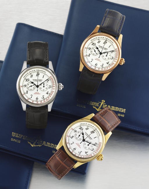 ULYSSE NARDIN. A VERY RARE SET OF THREE LIMITED EDITION 18K GOLD, PINK GOLD AND WHITE GOLD SINGLE BUTTON CHRONOGRAPH WRISTWATCHES, MADE FOR THE 175TH ANNIVERSARY OF THE BIRTH OF ULYSSE NARDIN