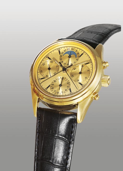 BEYER. AN 18K GOLD SPLIT SECONDS CHRONOGRAPH WRISTWATCH WITH DATE AND PHASES OF THE MOON