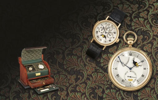 BREGUET. A VERY RARE SET OF 18K PINK GOLD SUBSCRIPTION WATCHES INCLUDING A MINUTE REPEATING PERPETUAL CALENDAR WRISTWATCH WITH PHASES OF THE MOON AND A "PERPETUELLE" KEYLESS LEVER POCKET WATCH WITH POWER RESERVE, PHASES OF THE MOON AND DATE ACCOMPANIED BY ITS ORIGINAL WALNUT PRESENTATION BOX AND RELATING PAPERWORK