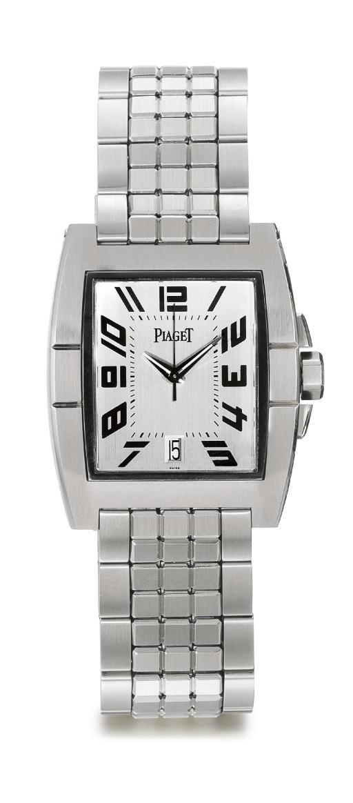 PIAGET. A STAINLESS STEEL AUTOMATIC WRISTWATCH WITH BRACELET, CENTRE SECONDS AND DATE