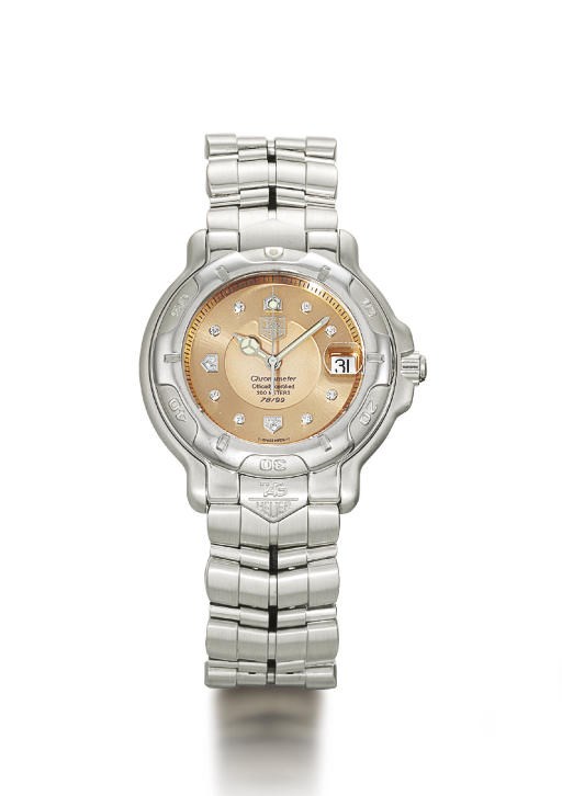 TAG HEUER. A VERY RARE LIMITED EDITION PLATINUM AND DIAMOND-SET AUTOMATIC WRISTWATCH WITH PLATINUM BRACELET, CENTRE SECONDS AND DATE