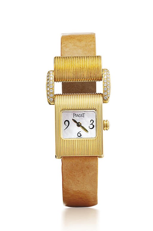 PIAGET. A LADY'S 18K GOLD AND DIAMOND-SET WRISTWATCH WITH MOTHER-OF-PEARL DIAL