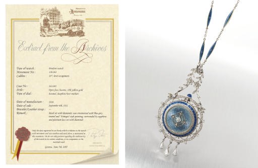 PATEK PHILIPPE. A FINE AND RARE 18K WHITE GOLD, DIAMOND AND SAPPHIRE-SET PENDANT WATCH WITH ENAMEL DIAL AND CHAIN