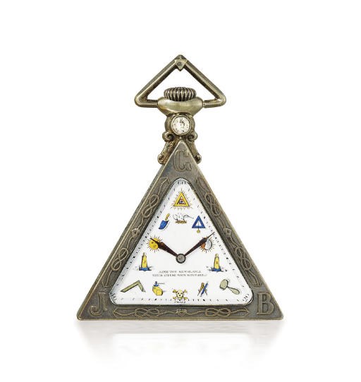 TEMPOR WATCH CO. AN UNUSUAL SILVER TRIANGULAR MASONIC KEYLESS LEVER WATCH WITH ENAMEL DIAL