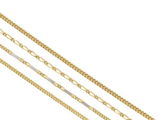 A GROUP OF FOUR 18K GOLD WATCH CHAINS, EACH OF DIFFERING LINK DESIGN.