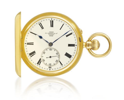 DENT. AN 18K GOLD HUNTING CASE KEYLESS LEVER POCKET WATCH WITH ENAMELLED INITIALS