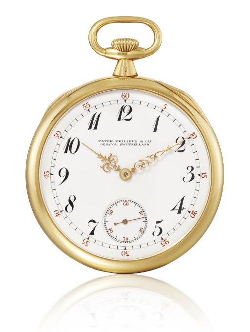 PATEK PHILIPPE. AN 18K GOLD OPENFACE KEYLESS LEVER POCKET WATCH WITH ENAMEL DIAL