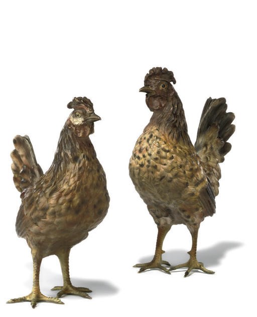 A PAIR OF AUSTRIAN COLD-PAINTED BRONZE MODELS OF A HEN AND COCKEREL