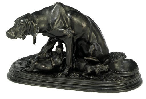 A VICTORIAN PATINATED CAST-IRON GROUP 0F AN IRISH SETTER AND LITTER