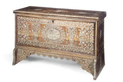 A MOORISH HARDWOOD AND MOTHER OF PEARL INLAID CHEST