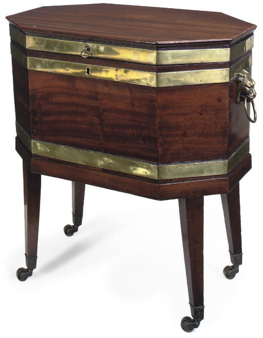 A GEORGE III MAHOGANY AND BRASS BOUND OCTAGONAL CELLARETTE