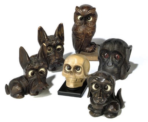 A GROUP OF SEVEN GERMAN PAINTED AND STAINED WOOD NOVELTY TIME-PIECES