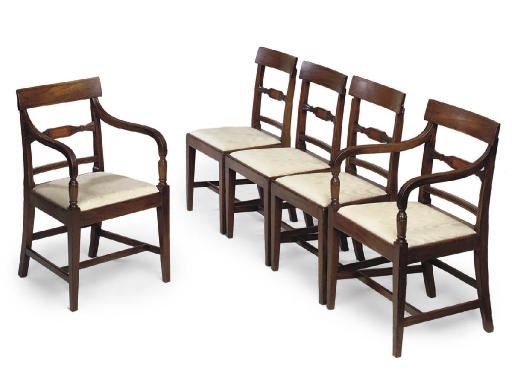A SET OF FIVE REGENCY MAHOGANY AND INLAID DINING CHAIRS