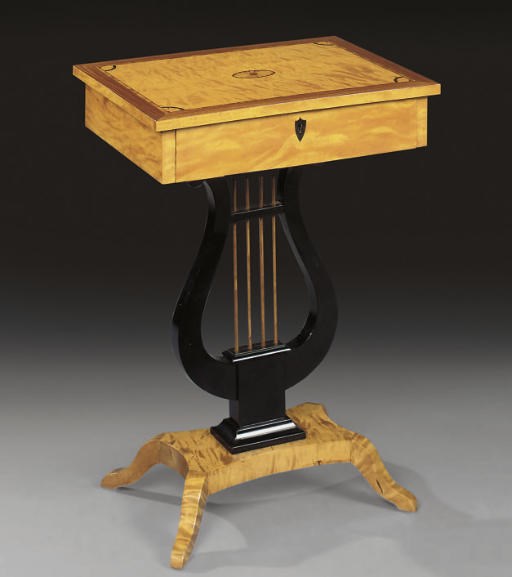 A BIRCH, EBONISED AND MARQUETRY WORK TABLE