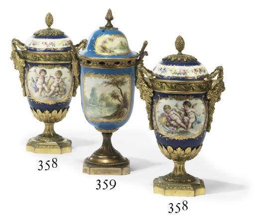 A GILT-BRONZE MOUNTED SÈVRES STYLE PORCELAIN POT-POURRI VASE AND COVER