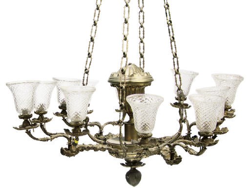 A LATE VICTORIAN GILT-BRONZE COLZA OIL TYPE TWELVE-LIGHT CHANDELIER