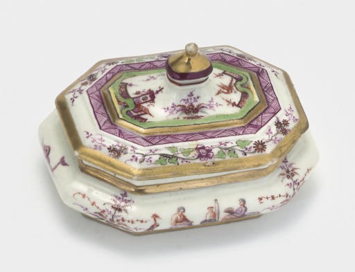 A CONTINENTAL PORCELAIN HAUSMALEREI OBLONG OCTAGONAL SUGAR-BOX AND COVER