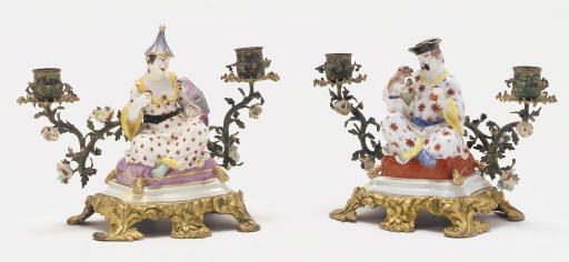 A PAIR OF LOUIS XV ORMOLU AND PORCELAIN MOUNTED MEISSEN BRULE-PARFUMS