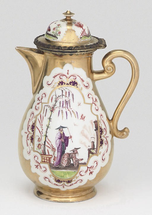 A MEISSEN SILVER-GILT MOUNTED HAUSMALEREI GOLD-GROUND BALUSTER COFFEE-POT AND COVER