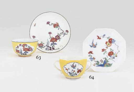 A MEISSEN KAKIEMON YELLOW-GROUND TWO-HANDLED OCTAGONAL CUP AND STAND