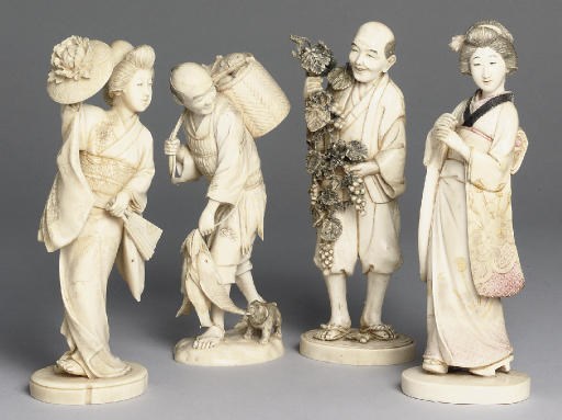 A group of four Japanese ivory okimono, Meiji Period (1868-1912)