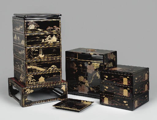 A Japanese five-tier square lacquer box and cover, 20th Century
