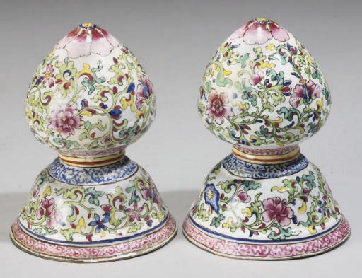 A Pair of Canton enamelled waisted vessels, possibly for Indian market, 18th Century