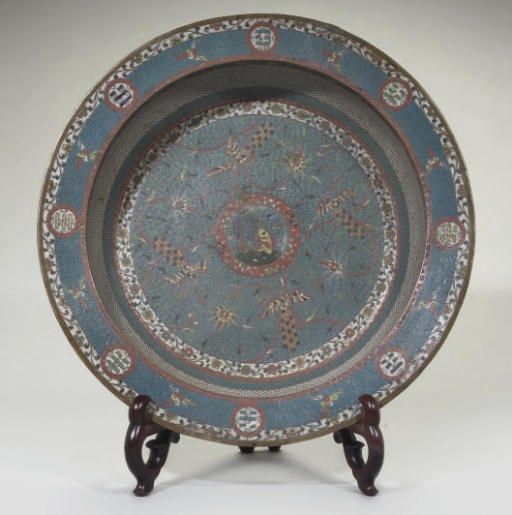 A Chinese large cloisonne 'leaping carp and peacock' basin, 19th/20th Century