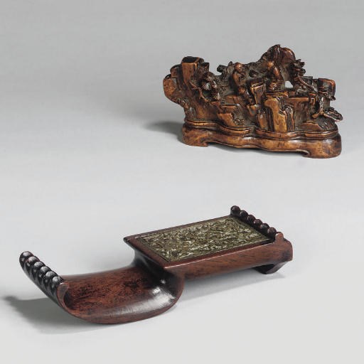 A Chinese wood and repousse metal brush rest, 18th century