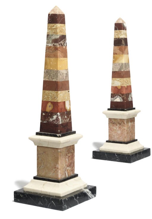 A PAIR OF ITALIAN SPECIMEN MARBLE OBELISKS